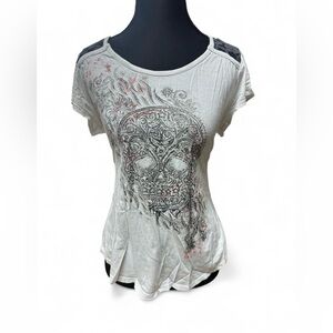 Harley Davidson Skull Rhinestone Lace Back Top Y2K Tattoo Graphic Baby Tee goth